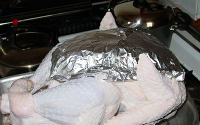 Foil triangle formed to the breast of the turkey.